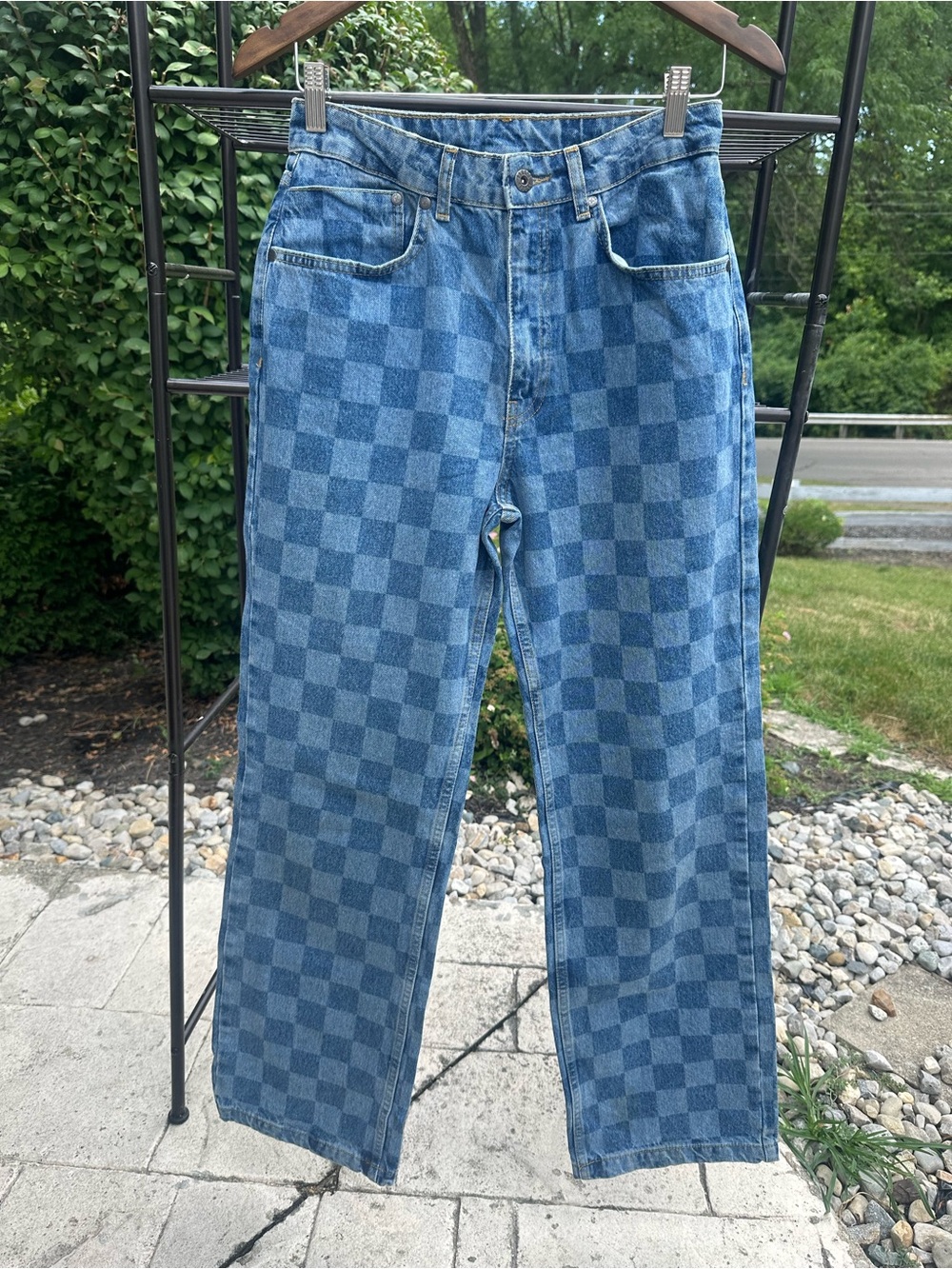 Checkerboard Wide Leg Jeans - Blue